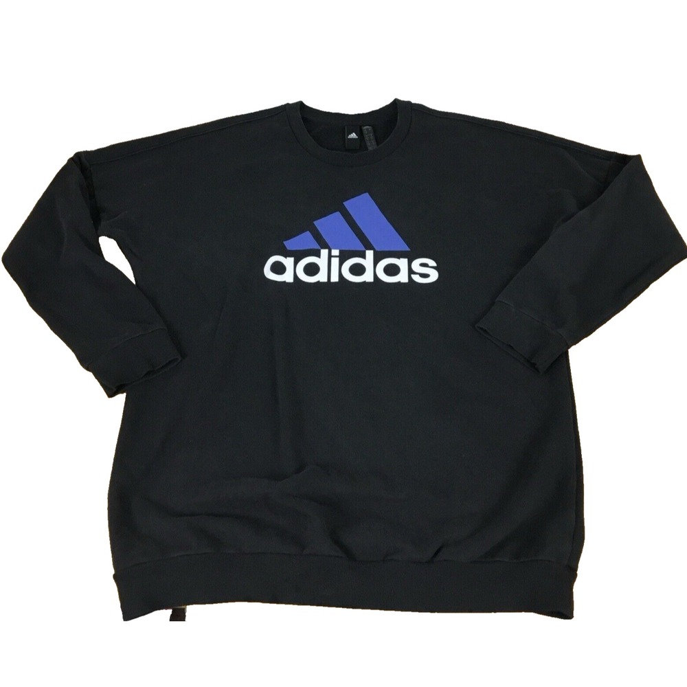Adidas Mens Crewneck Sweatshirt Black Blue Logo Pullover Large FS2NJ5K